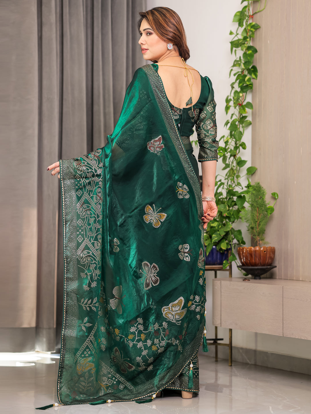 Emerald Green Fendi Satin Block & Foil Print Saree with Attached Blouse & Tassel Detailing