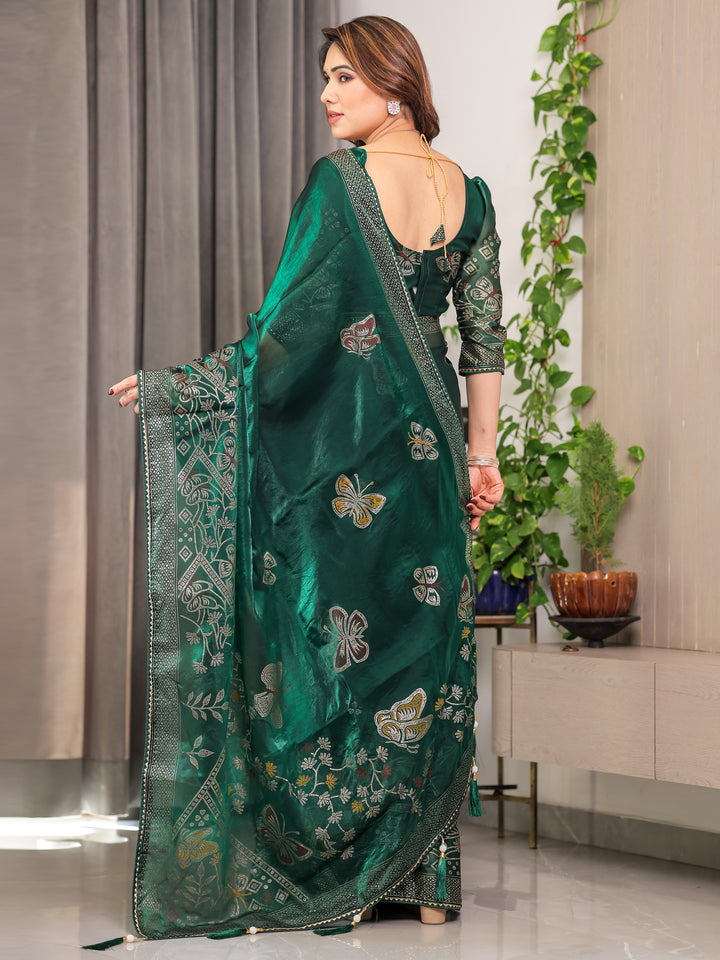 Emerald Green Fendi Satin Block & Foil Print Saree with Attached Blouse & Tassel Detailing