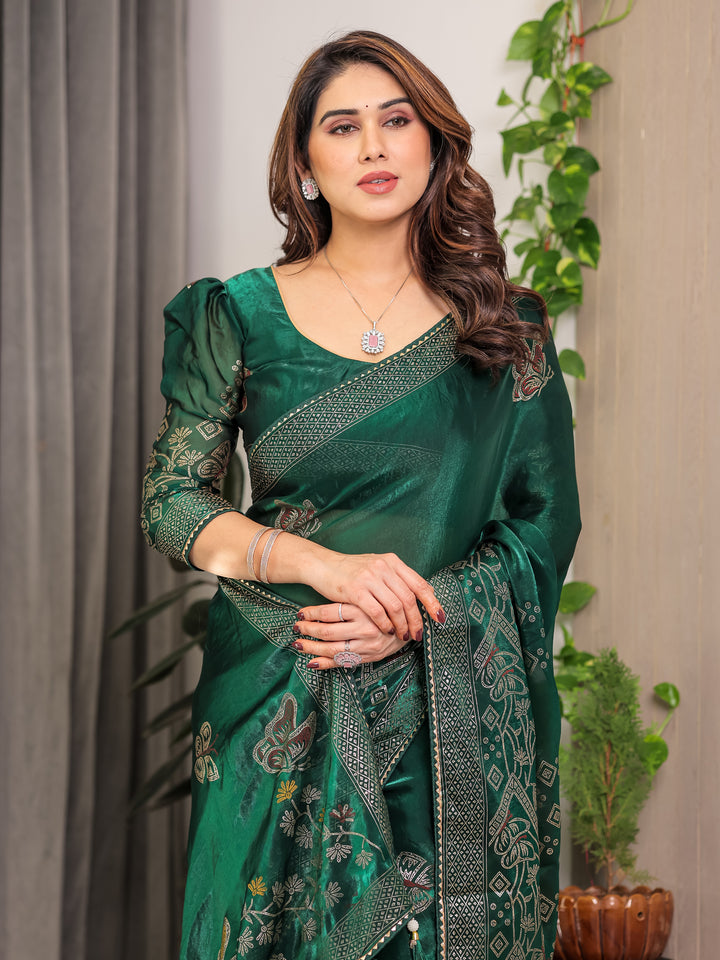 Emerald Green Fendi Satin Block & Foil Print Saree with Attached Blouse & Tassel Detailing