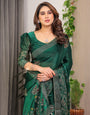 Emerald Green Fendi Satin Block & Foil Print Saree with Attached Blouse & Tassel Detailing