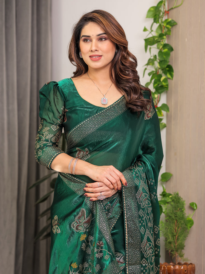 Emerald Green Fendi Satin Block & Foil Print Saree with Attached Blouse & Tassel Detailing