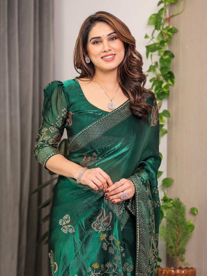 Emerald Green Fendi Satin Block & Foil Print Saree with Attached Blouse & Tassel Detailing