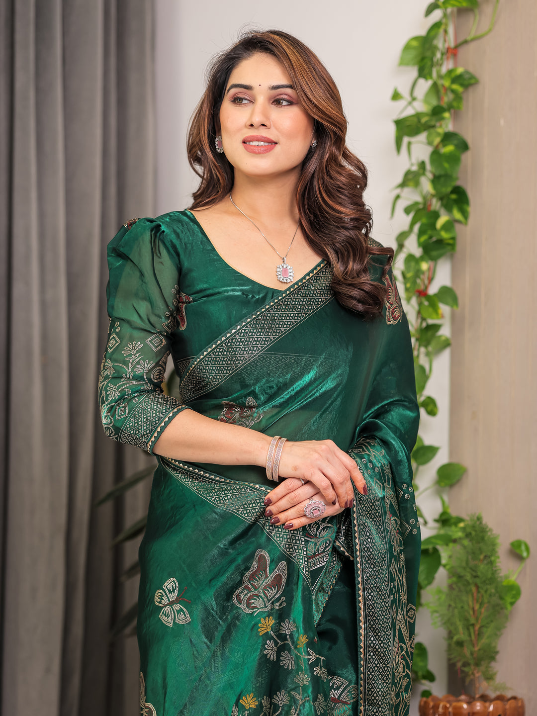 Emerald Green Fendi Satin Block & Foil Print Saree with Attached Blouse & Tassel Detailing