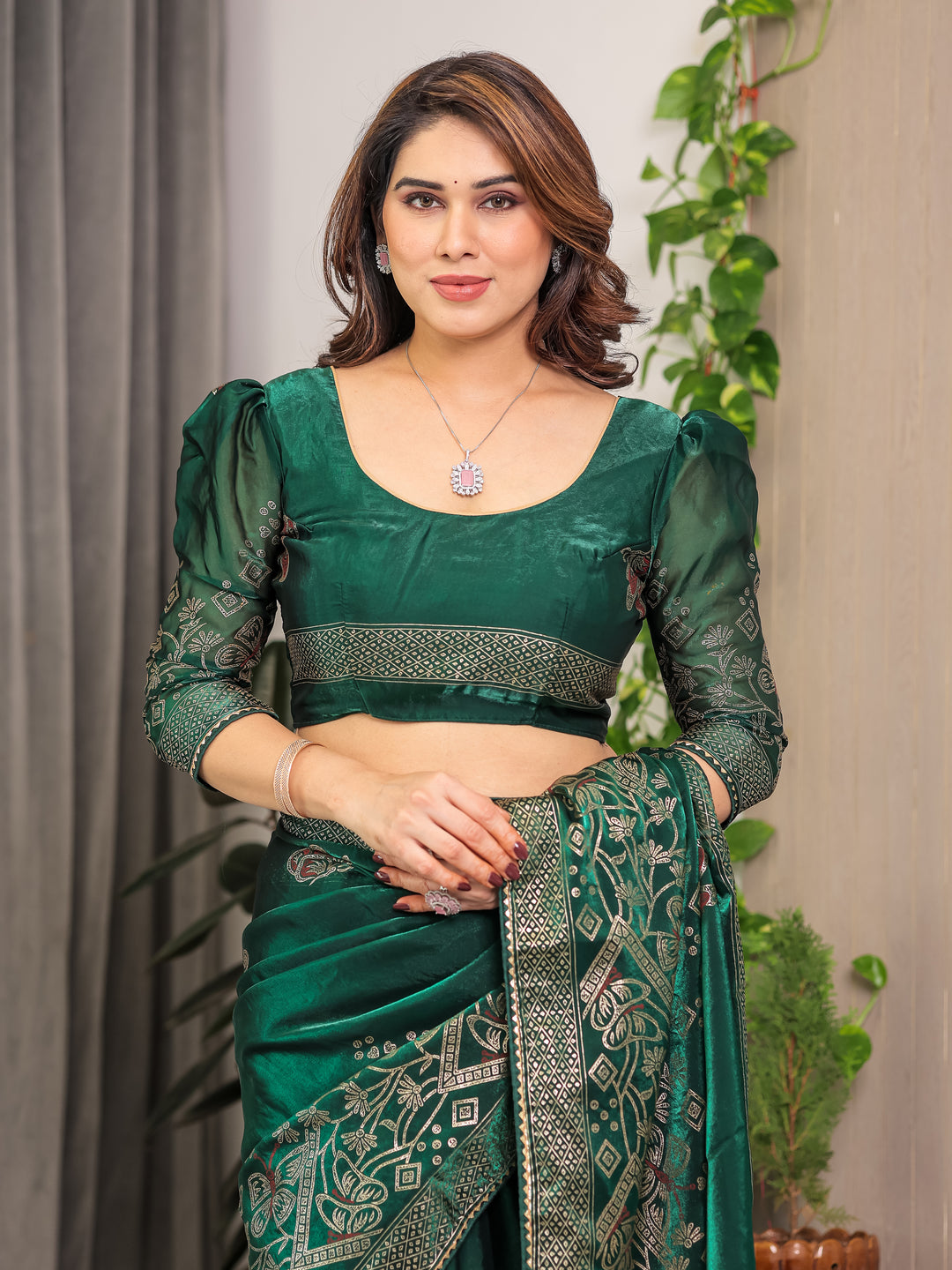 Emerald Green Fendi Satin Block & Foil Print Saree with Attached Blouse & Tassel Detailing