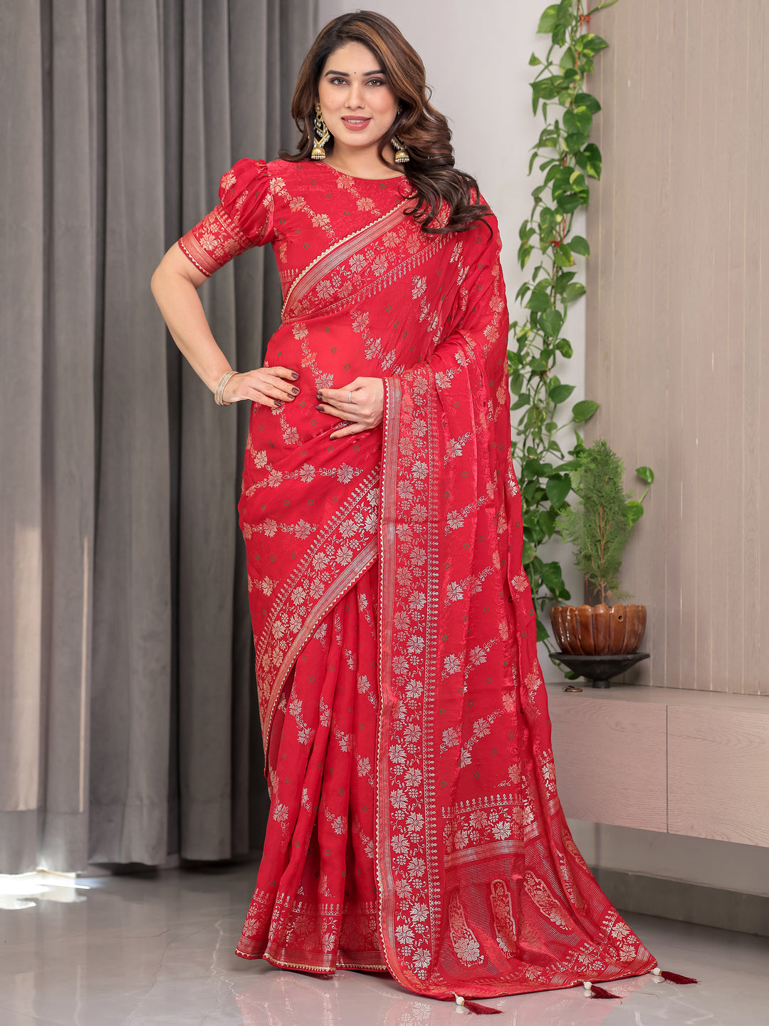 Crimson Red Fendi Satin Block & Foil Print Saree with Attached Blouse & Tassel Detailing
