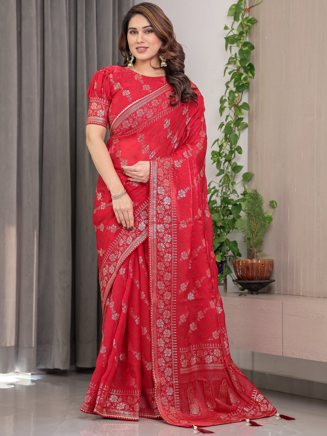 Crimson Red Fendi Satin Block & Foil Print Saree with Attached Blouse & Tassel Detailing