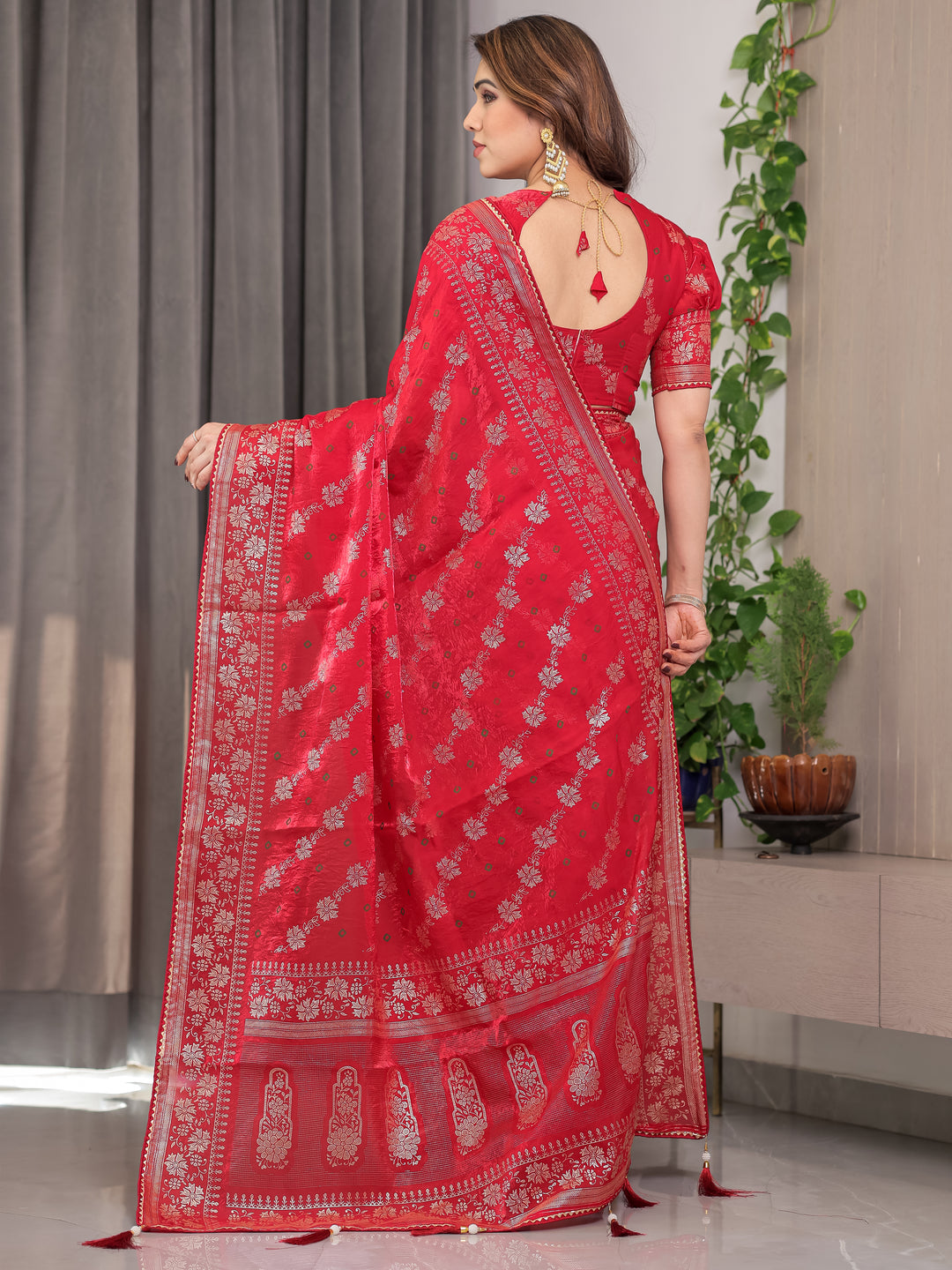 Crimson Red Fendi Satin Block & Foil Print Saree with Attached Blouse & Tassel Detailing