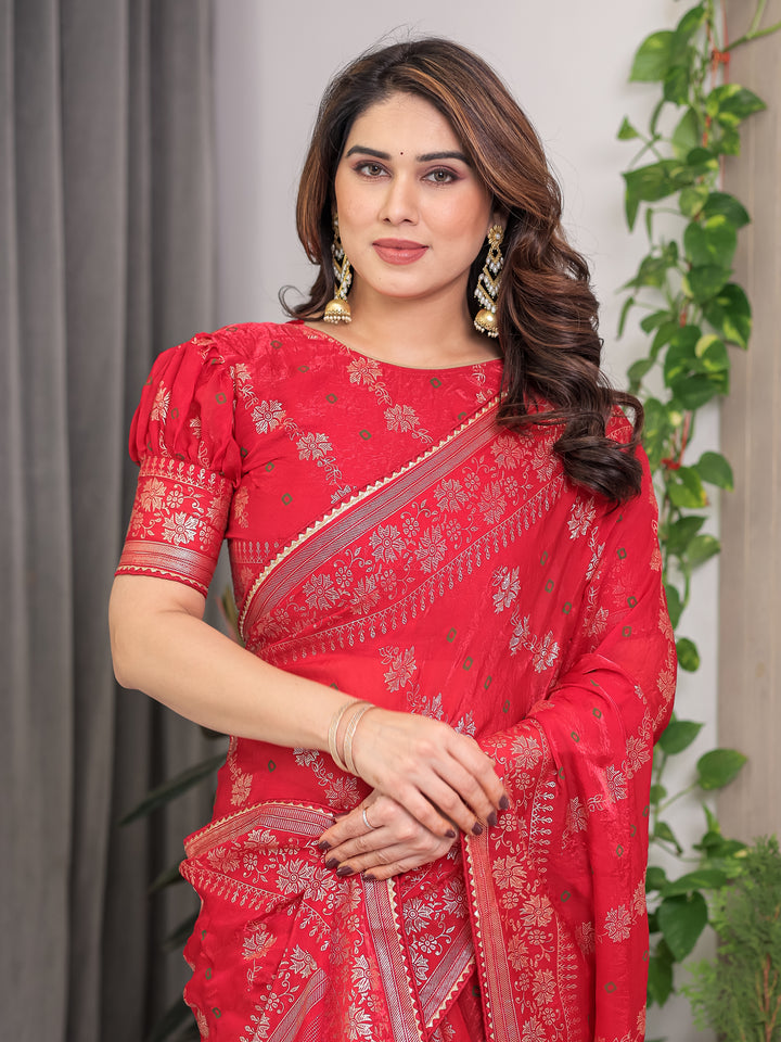 Crimson Red Fendi Satin Block & Foil Print Saree with Attached Blouse & Tassel Detailing