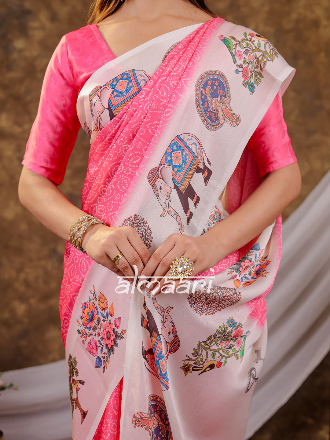 Vantara Pink Satin Chiffon Printed Saree with Royal Elephant & Peacock Heritage Print, Designer Tassel Pallu & Matching Blouse Piece