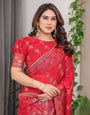 Crimson Red Fendi Satin Block & Foil Print Saree with Attached Blouse & Tassel Detailing