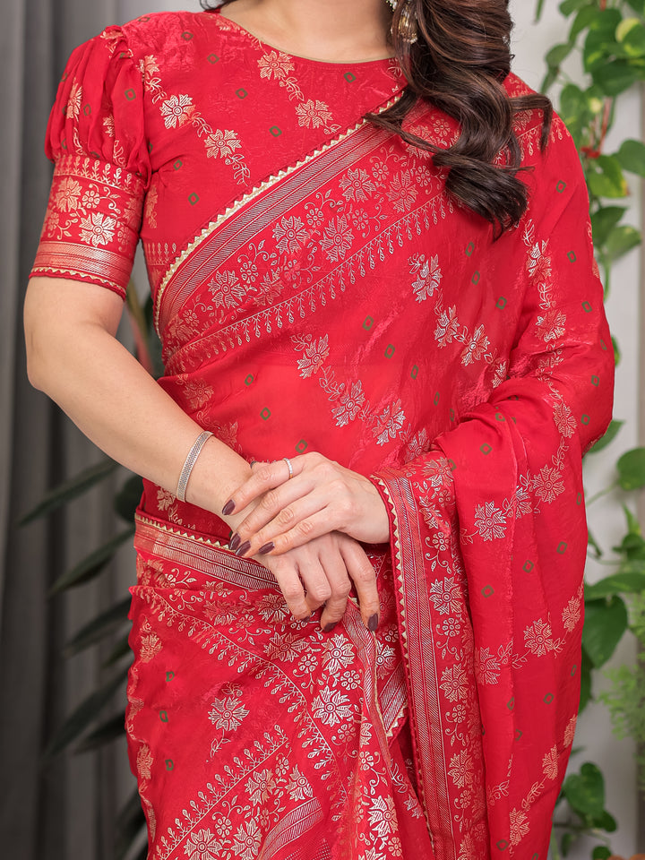 Crimson Red Fendi Satin Block & Foil Print Saree with Attached Blouse & Tassel Detailing