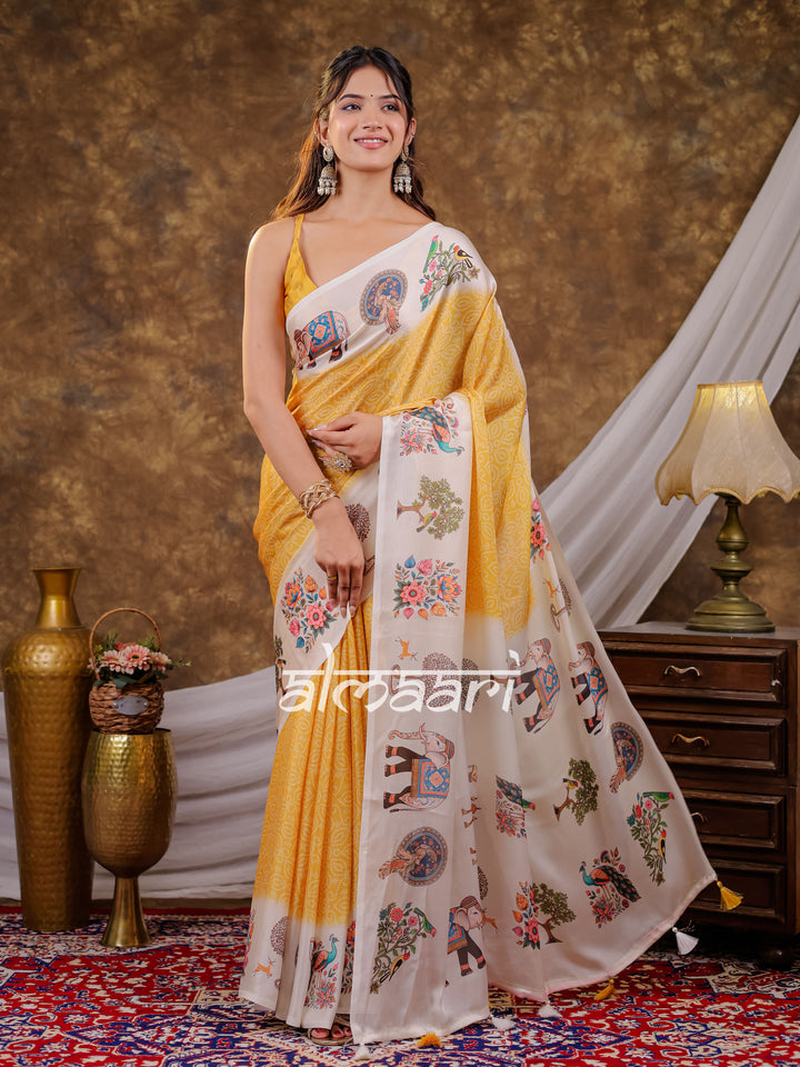Vantara Mustard Yellow Satin Chiffon Printed Saree with Royal Elephant & Peacock Heritage Print, Designer Tassel Pallu & Matching Blouse Piece