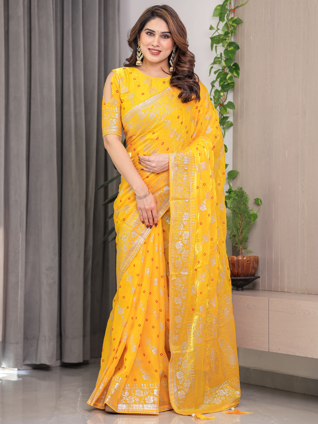 Sunshine Yellow Fendi Satin Block & Foil Print Saree with Attached Blouse & Tassel Detailing