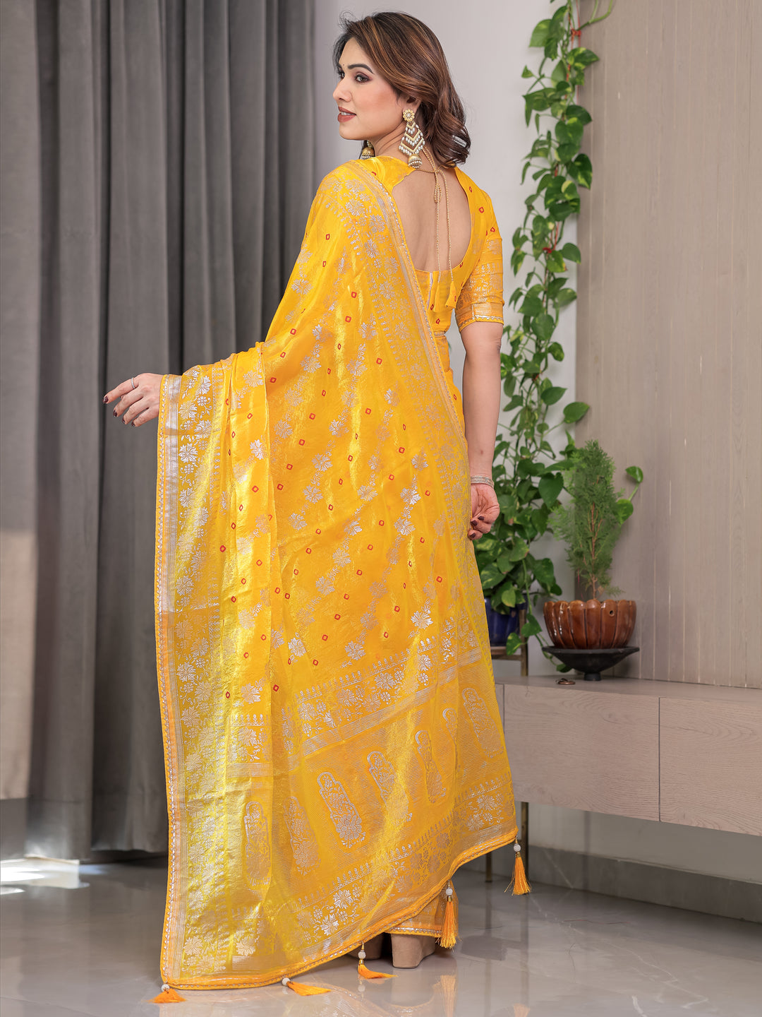 Sunshine Yellow Fendi Satin Block & Foil Print Saree with Attached Blouse & Tassel Detailing