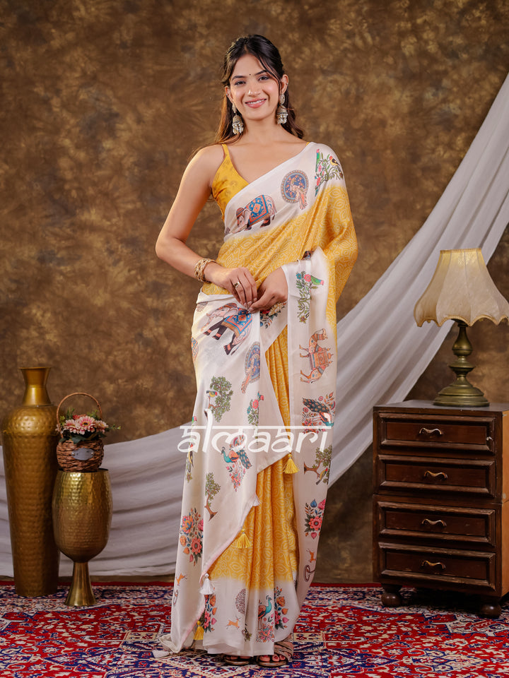 Vantara Mustard Yellow Satin Chiffon Printed Saree with Royal Elephant & Peacock Heritage Print, Designer Tassel Pallu & Matching Blouse Piece