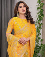 Sunshine Yellow Fendi Satin Block & Foil Print Saree with Attached Blouse & Tassel Detailing