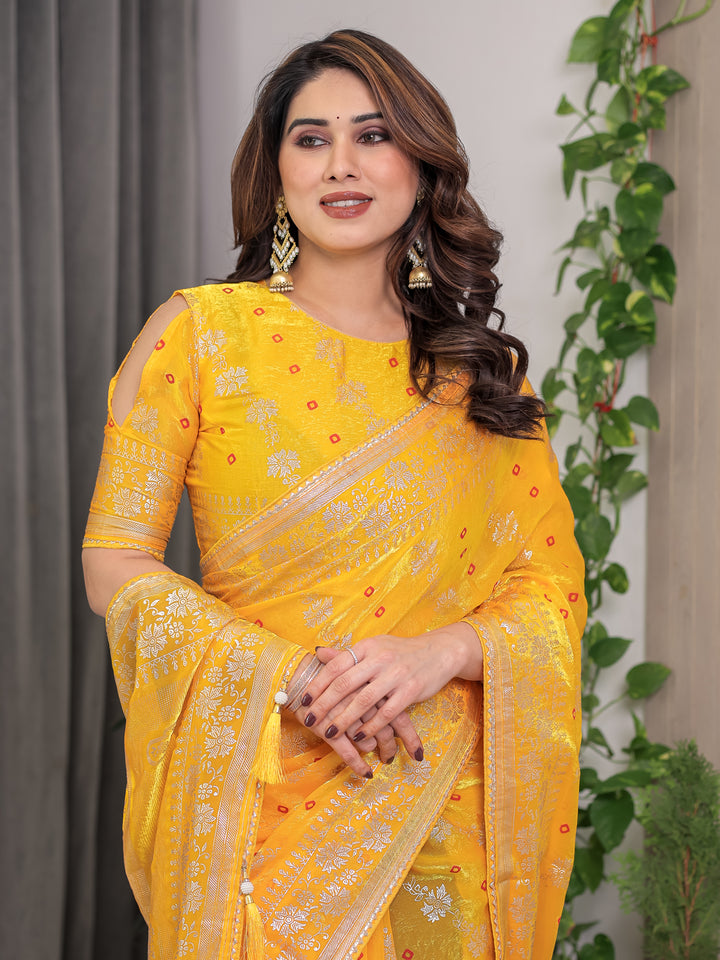 Sunshine Yellow Fendi Satin Block & Foil Print Saree with Attached Blouse & Tassel Detailing