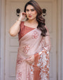 Peach Blush Satin Georgette Floral Printed Saree with Rust Brown Blouse & Statement Floral Pallu | Soft Elegant Party Wear Saree