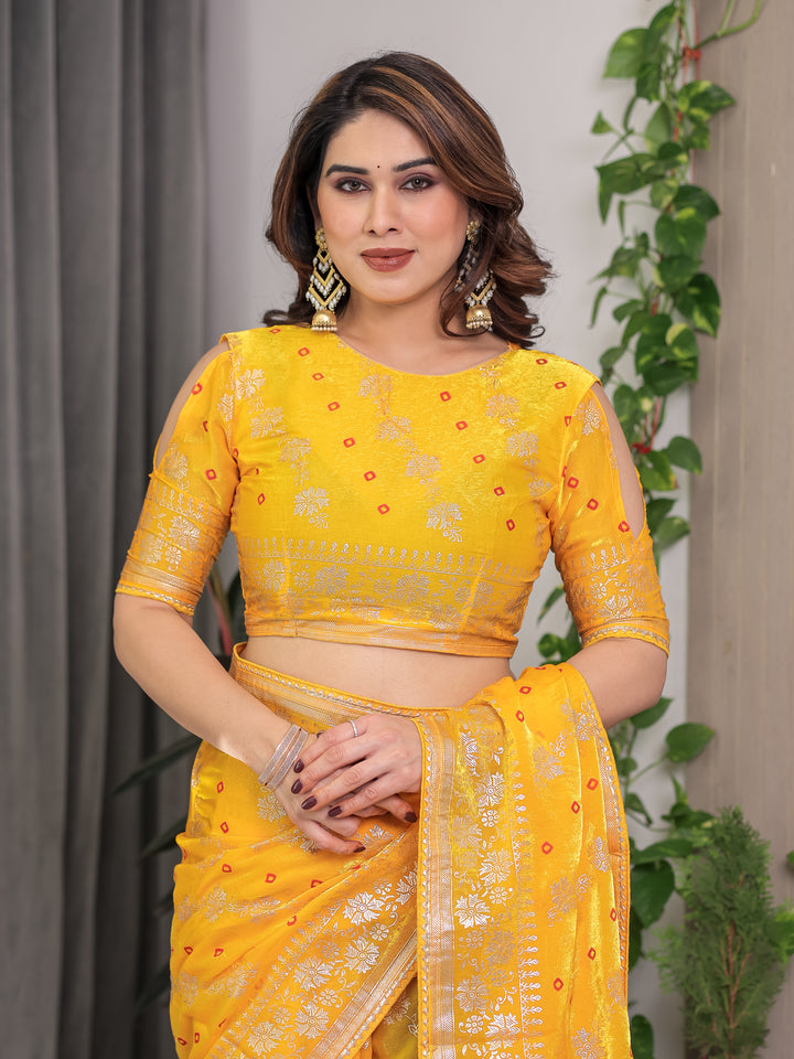 Sunshine Yellow Fendi Satin Block & Foil Print Saree with Attached Blouse & Tassel Detailing