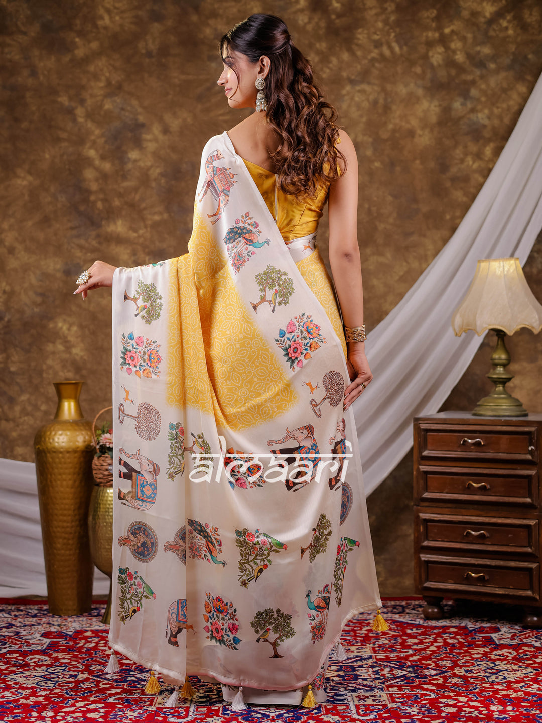 Vantara Mustard Yellow Satin Chiffon Printed Saree with Royal Elephant & Peacock Heritage Print, Designer Tassel Pallu & Matching Blouse Piece