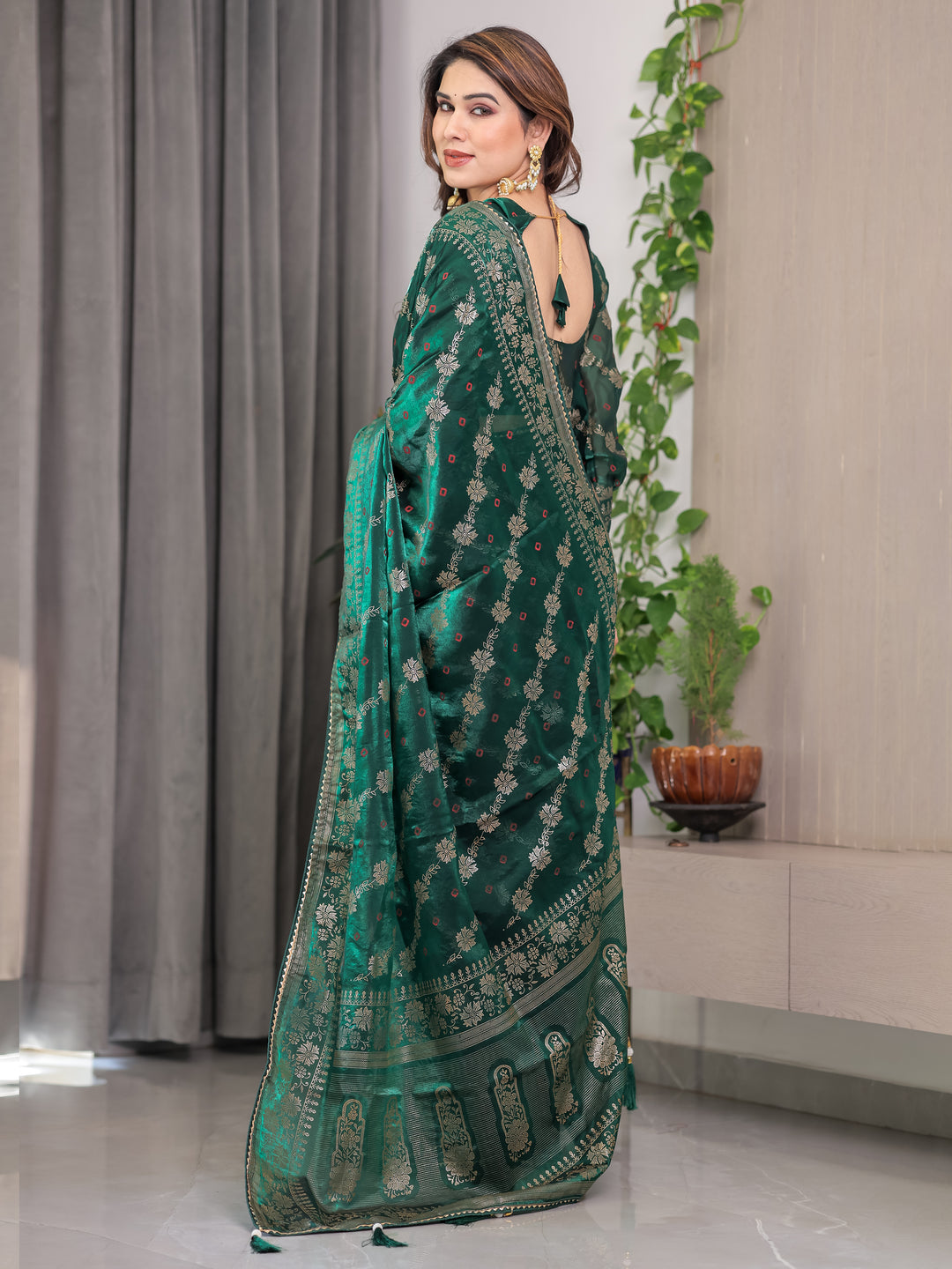 Emerald Green Fendi Satin Block & Foil Print Saree with Attached Blouse & Tassel Finish
