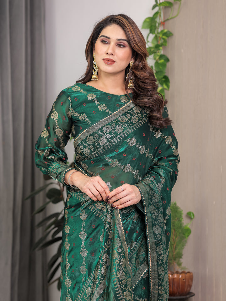Emerald Green Fendi Satin Block & Foil Print Saree with Attached Blouse & Tassel Finish