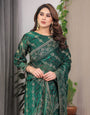 Emerald Green Fendi Satin Block & Foil Print Saree with Attached Blouse & Tassel Finish