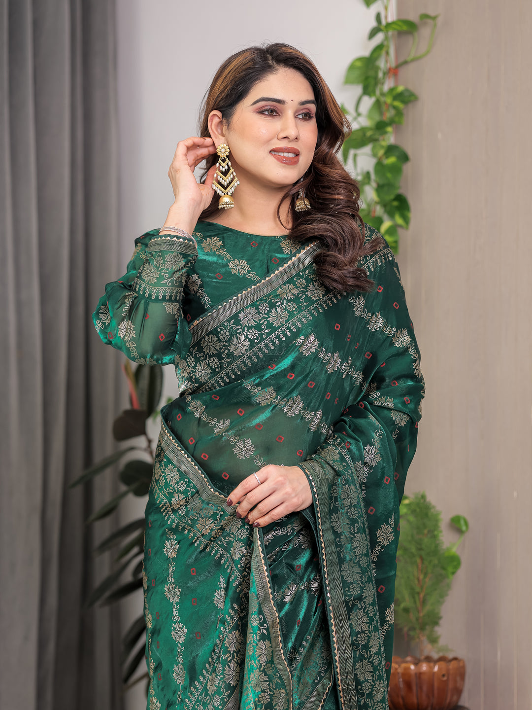 Emerald Green Fendi Satin Block & Foil Print Saree with Attached Blouse & Tassel Finish
