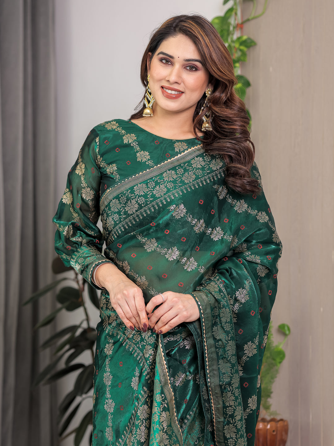 Emerald Green Fendi Satin Block & Foil Print Saree with Attached Blouse & Tassel Finish