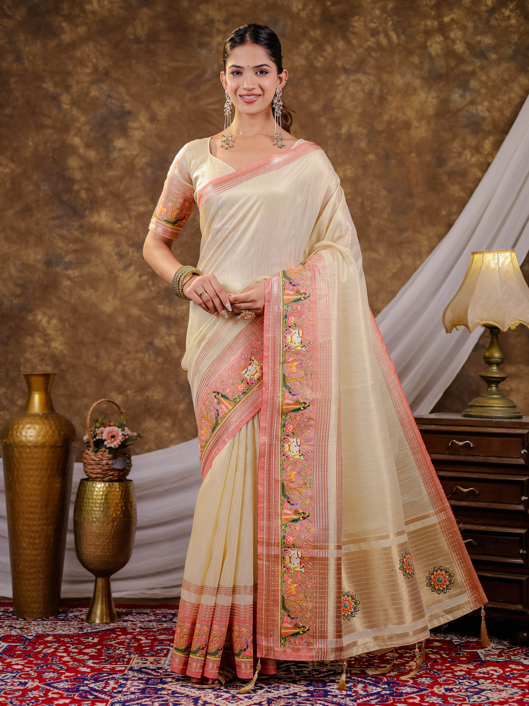 Ivory Cream Khadi Cotton Saree with Peach Pink Traditional Printed Border & Pallu, Zari Weaving, Tassels on Edges with Blouse Piece