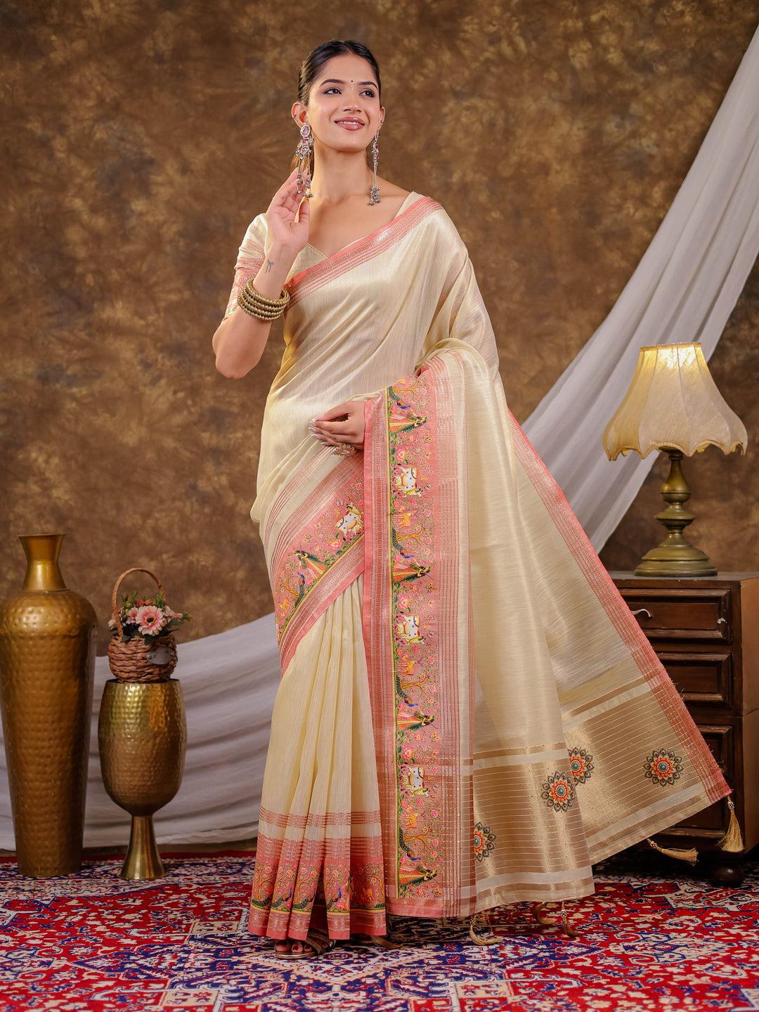 Ivory Cream Khadi Cotton Saree with Peach Pink Traditional Printed Border & Pallu, Zari Weaving, Tassels on Edges with Blouse Piece