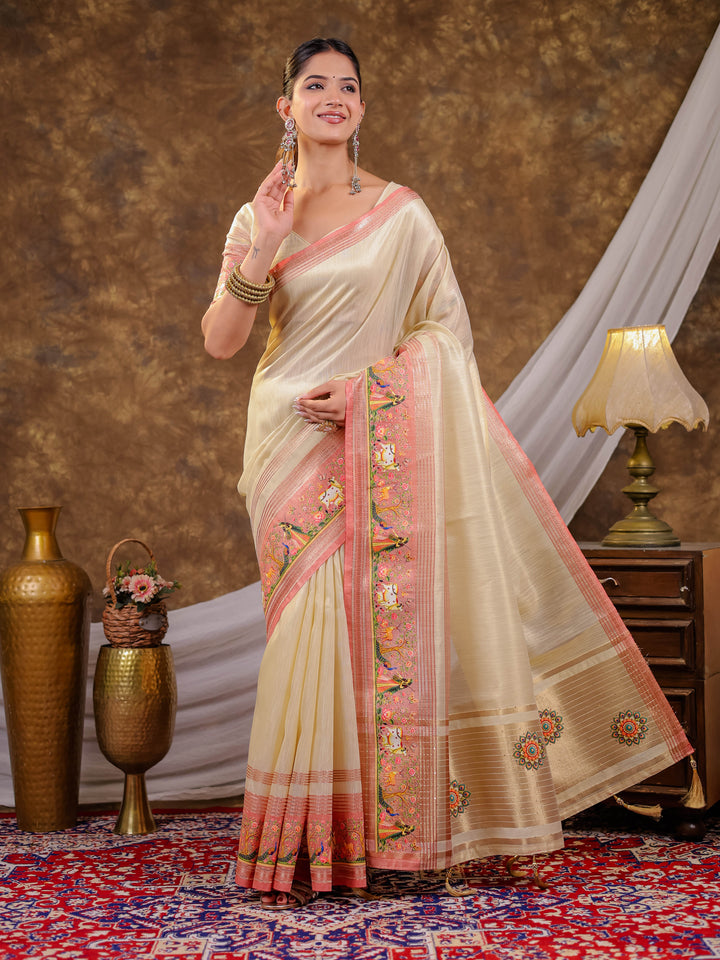Ivory Cream Khadi Cotton Saree with Peach Pink Traditional Printed Border & Pallu, Zari Weaving, Tassels on Edges with Blouse Piece