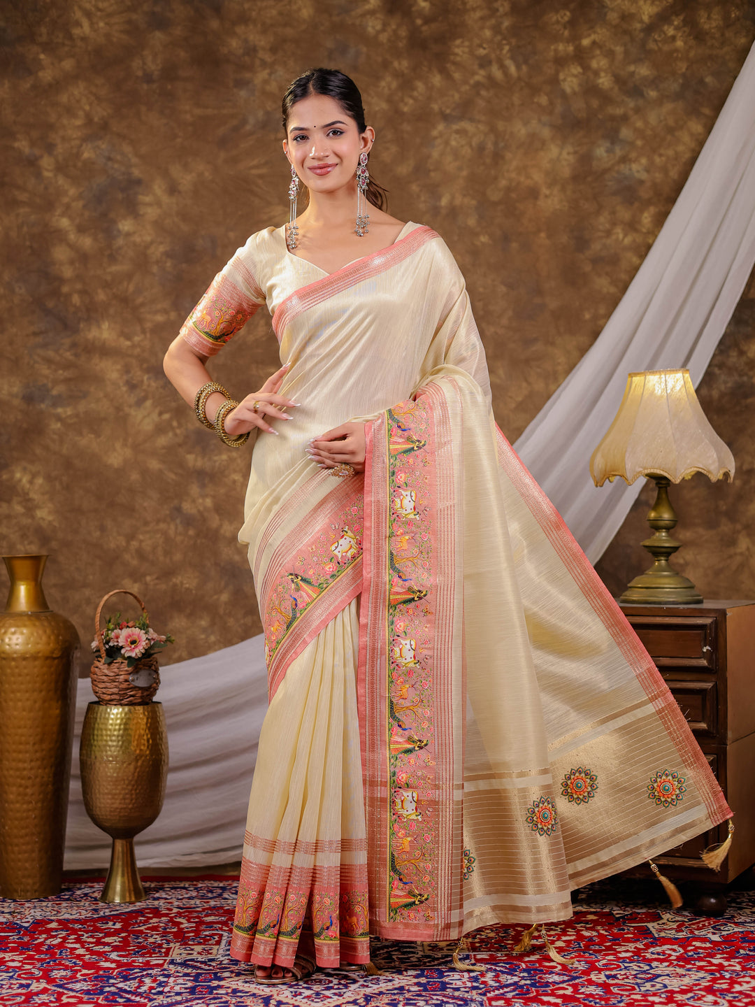Ivory Cream Khadi Cotton Saree with Peach Pink Traditional Printed Border & Pallu, Zari Weaving, Tassels on Edges with Blouse Piece