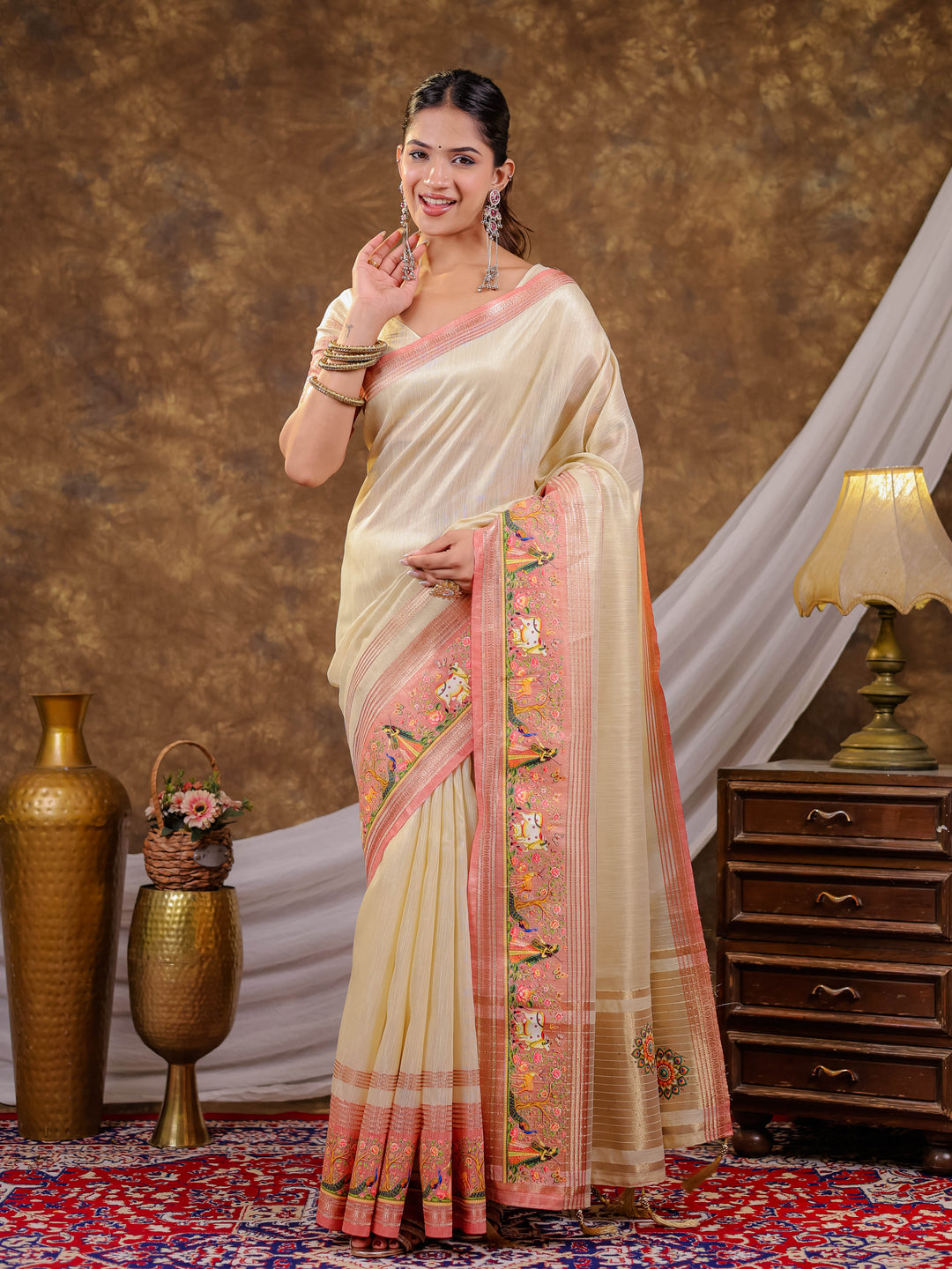 Ivory Cream Khadi Cotton Saree with Peach Pink Traditional Printed Border & Pallu, Zari Weaving, Tassels on Edges with Blouse Piece