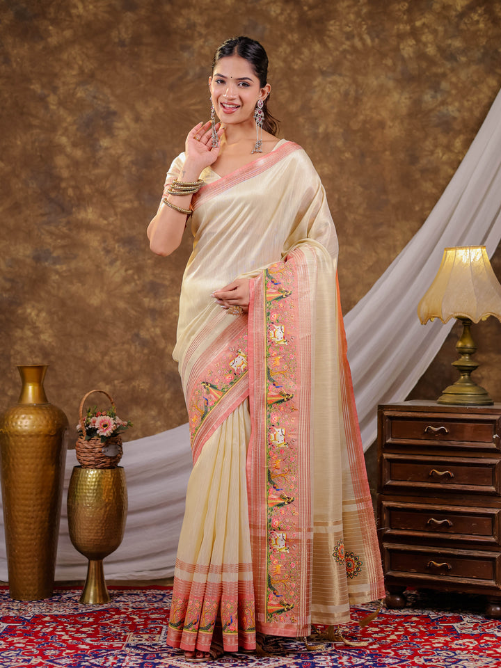 Ivory Cream Khadi Cotton Saree with Peach Pink Traditional Printed Border & Pallu, Zari Weaving, Tassels on Edges with Blouse Piece
