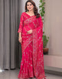 Rose Pink Fendi Satin Block & Foil Print Saree with Attached Blouse & Tassel Detailing
