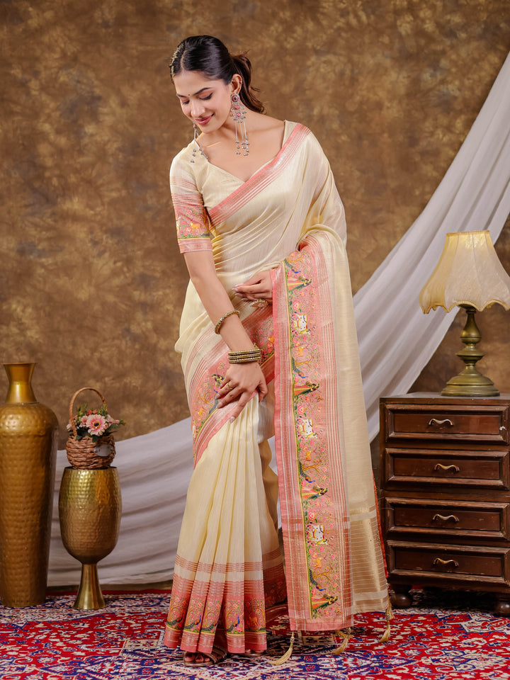 Ivory Cream Khadi Cotton Saree with Peach Pink Traditional Printed Border & Pallu, Zari Weaving, Tassels on Edges with Blouse Piece