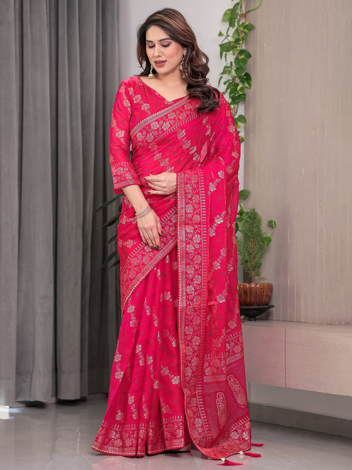 Rose Pink Fendi Satin Block & Foil Print Saree with Attached Blouse & Tassel Detailing