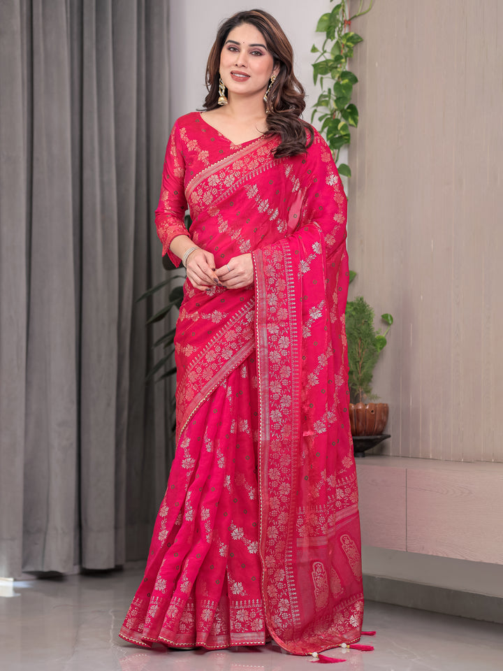 Rose Pink Fendi Satin Block & Foil Print Saree with Attached Blouse & Tassel Detailing