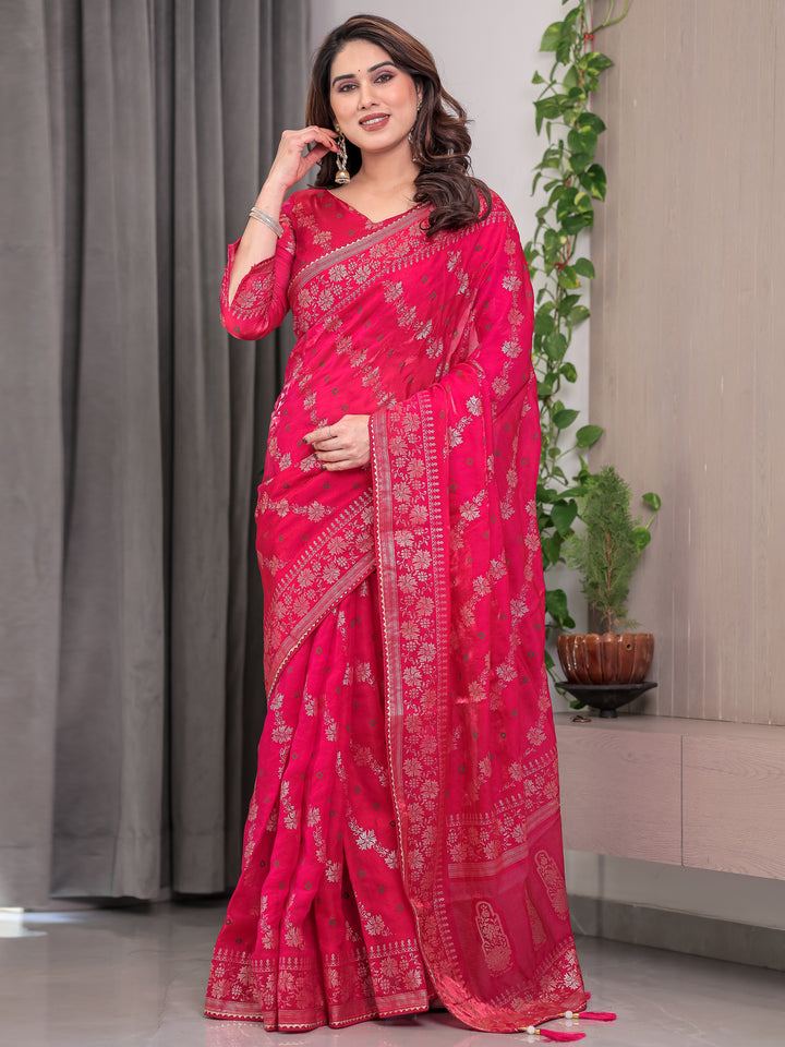 Rose Pink Fendi Satin Block & Foil Print Saree with Attached Blouse & Tassel Detailing