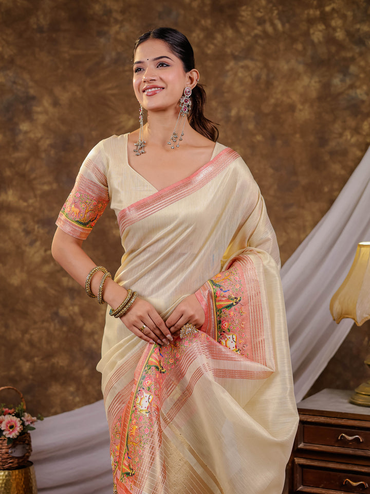 Ivory Cream Khadi Cotton Saree with Peach Pink Traditional Printed Border & Pallu, Zari Weaving, Tassels on Edges with Blouse Piece