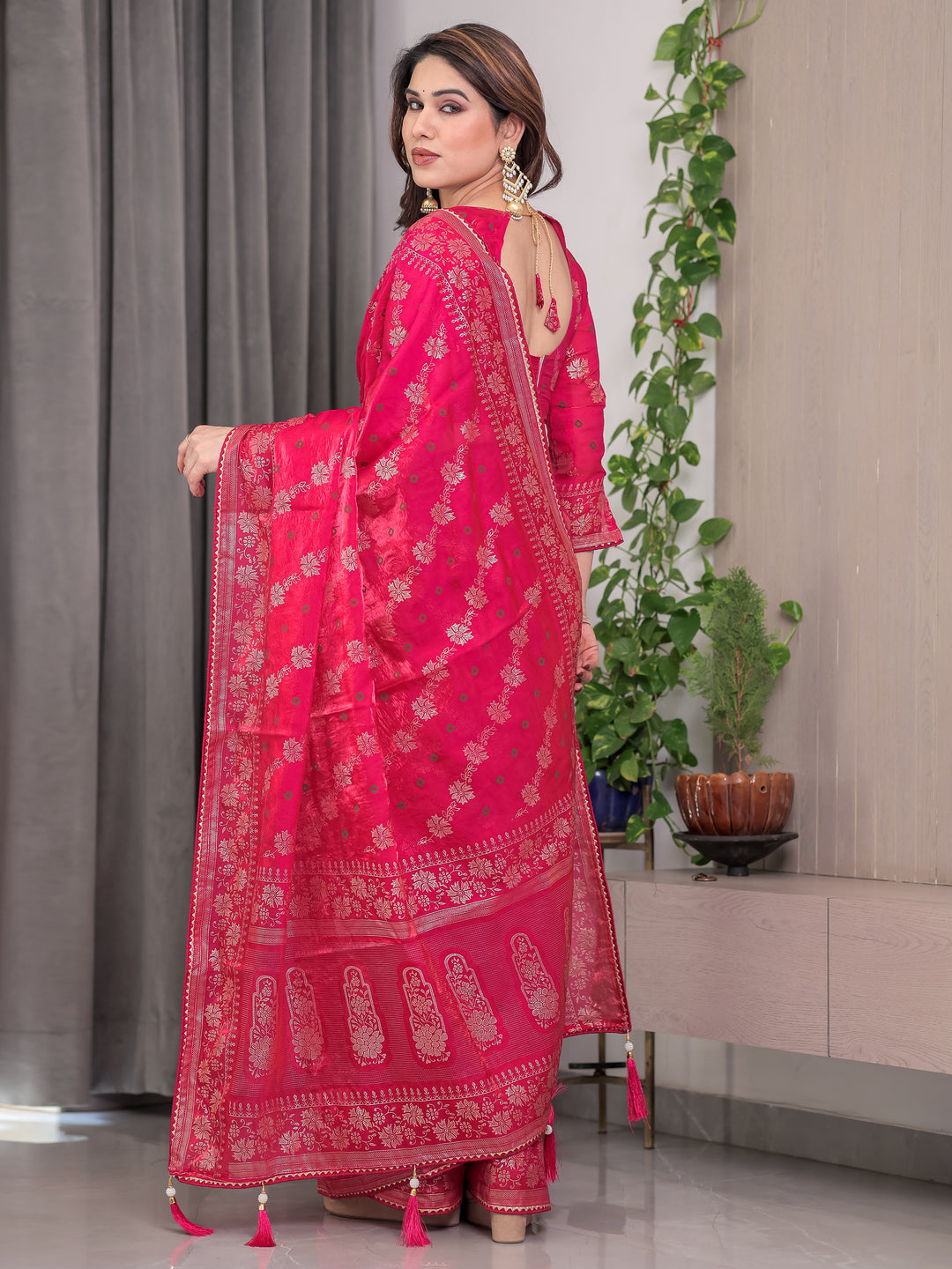 Rose Pink Fendi Satin Block & Foil Print Saree with Attached Blouse & Tassel Detailing