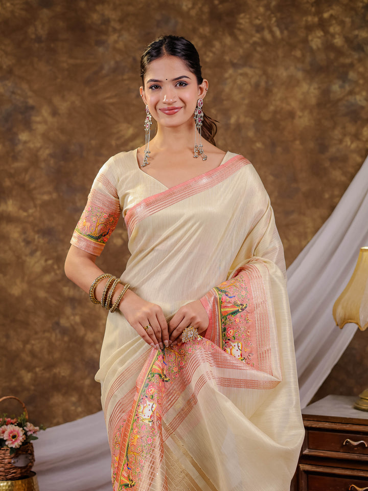 Ivory Cream Khadi Cotton Saree with Peach Pink Traditional Printed Border & Pallu, Zari Weaving, Tassels on Edges with Blouse Piece
