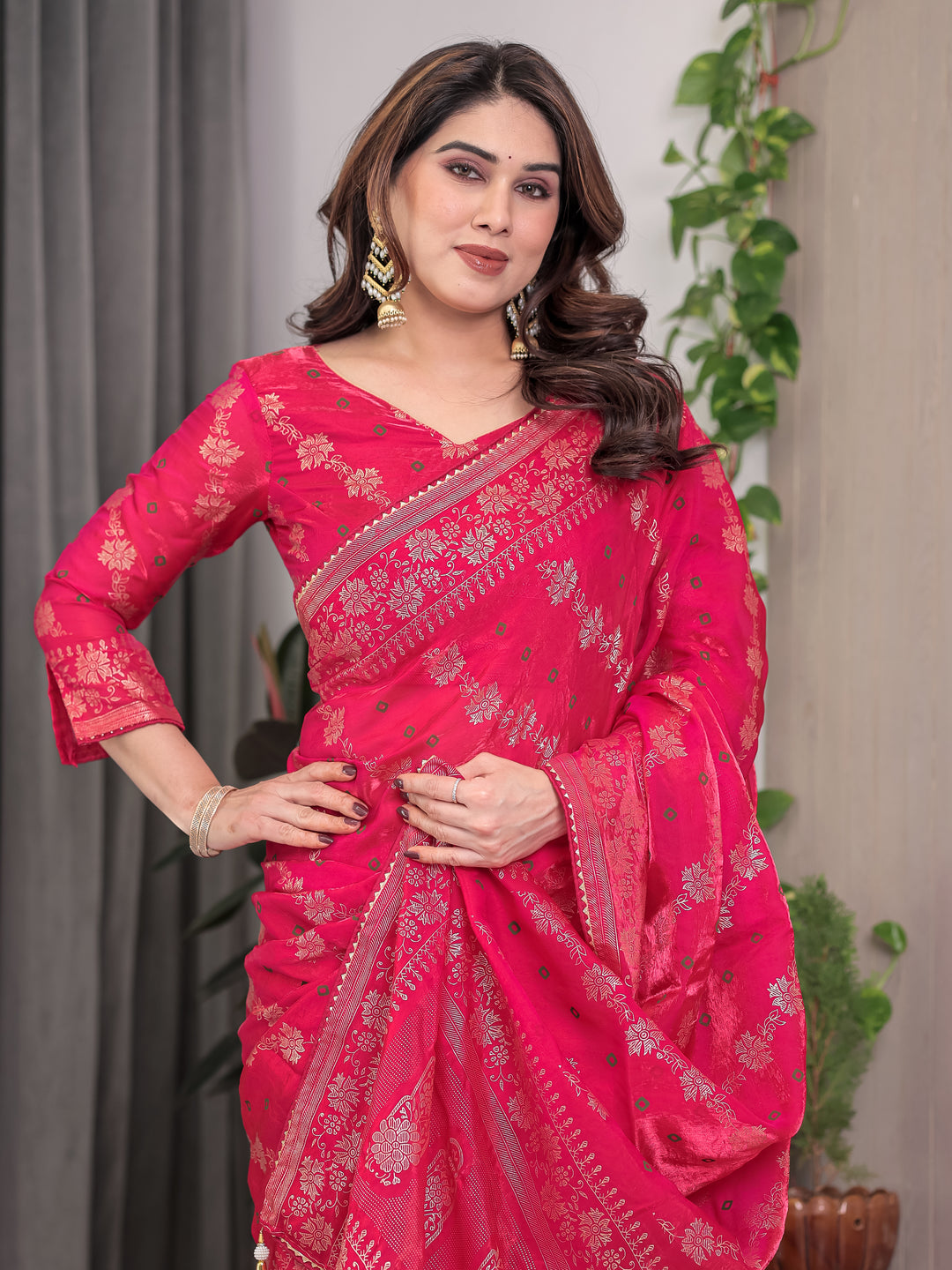 Rose Pink Fendi Satin Block & Foil Print Saree with Attached Blouse & Tassel Detailing