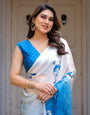 Powder Blue & Ivory Floral Printed Satin Georgette Saree with Matching Blouse – Elegant Party & Day Occasion Wear