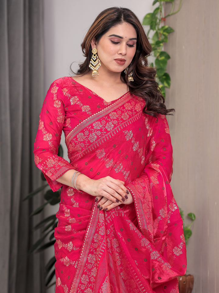 Rose Pink Fendi Satin Block & Foil Print Saree with Attached Blouse & Tassel Detailing