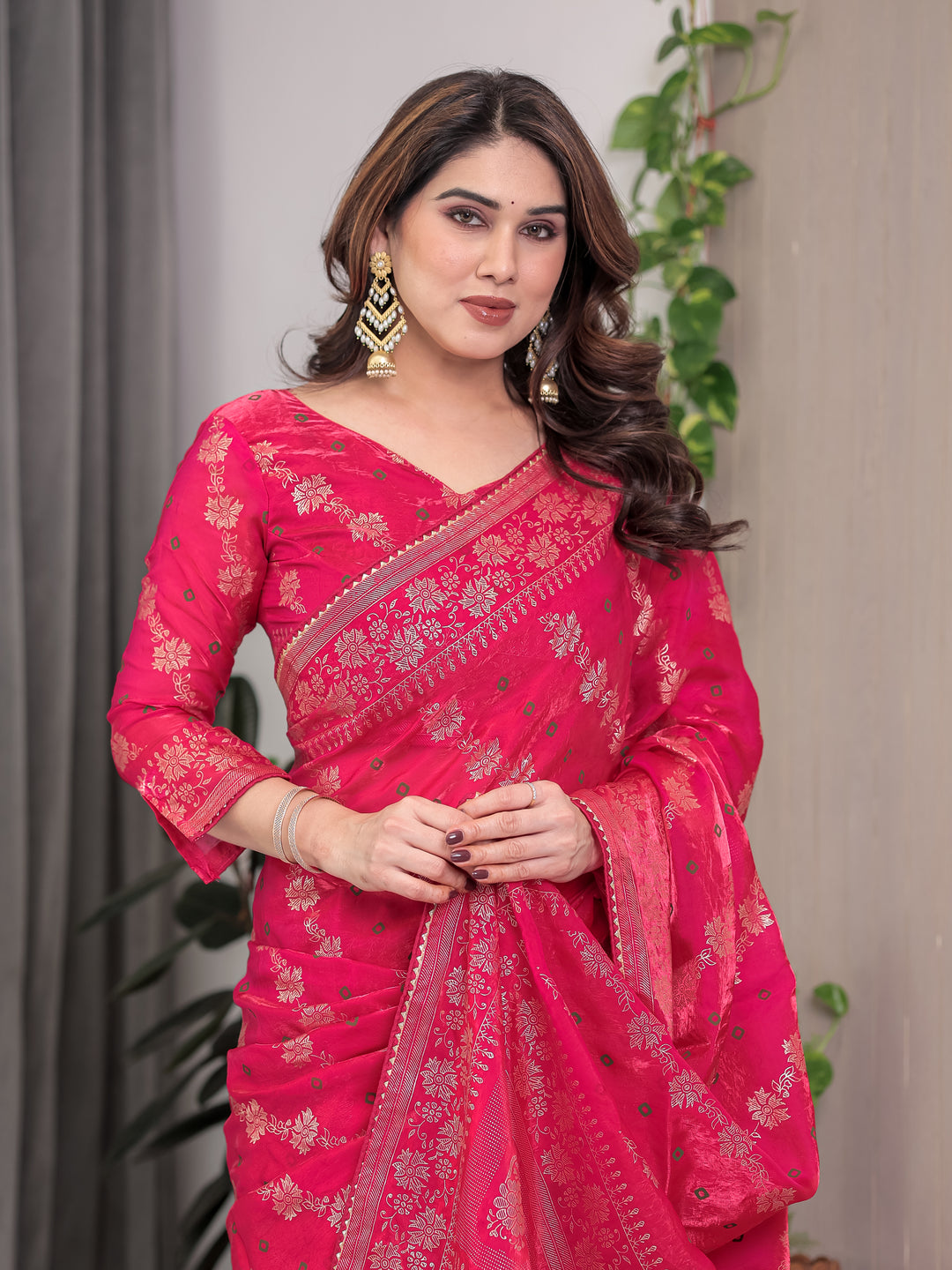 Rose Pink Fendi Satin Block & Foil Print Saree with Attached Blouse & Tassel Detailing