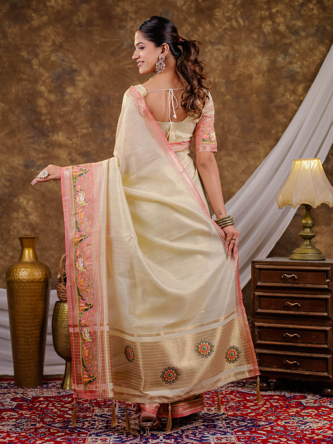 Ivory Cream Khadi Cotton Saree with Peach Pink Traditional Printed Border & Pallu, Zari Weaving, Tassels on Edges with Blouse Piece