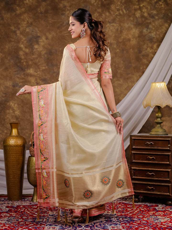 Ivory Cream Khadi Cotton Saree with Peach Pink Traditional Printed Border & Pallu, Zari Weaving, Tassels on Edges with Blouse Piece