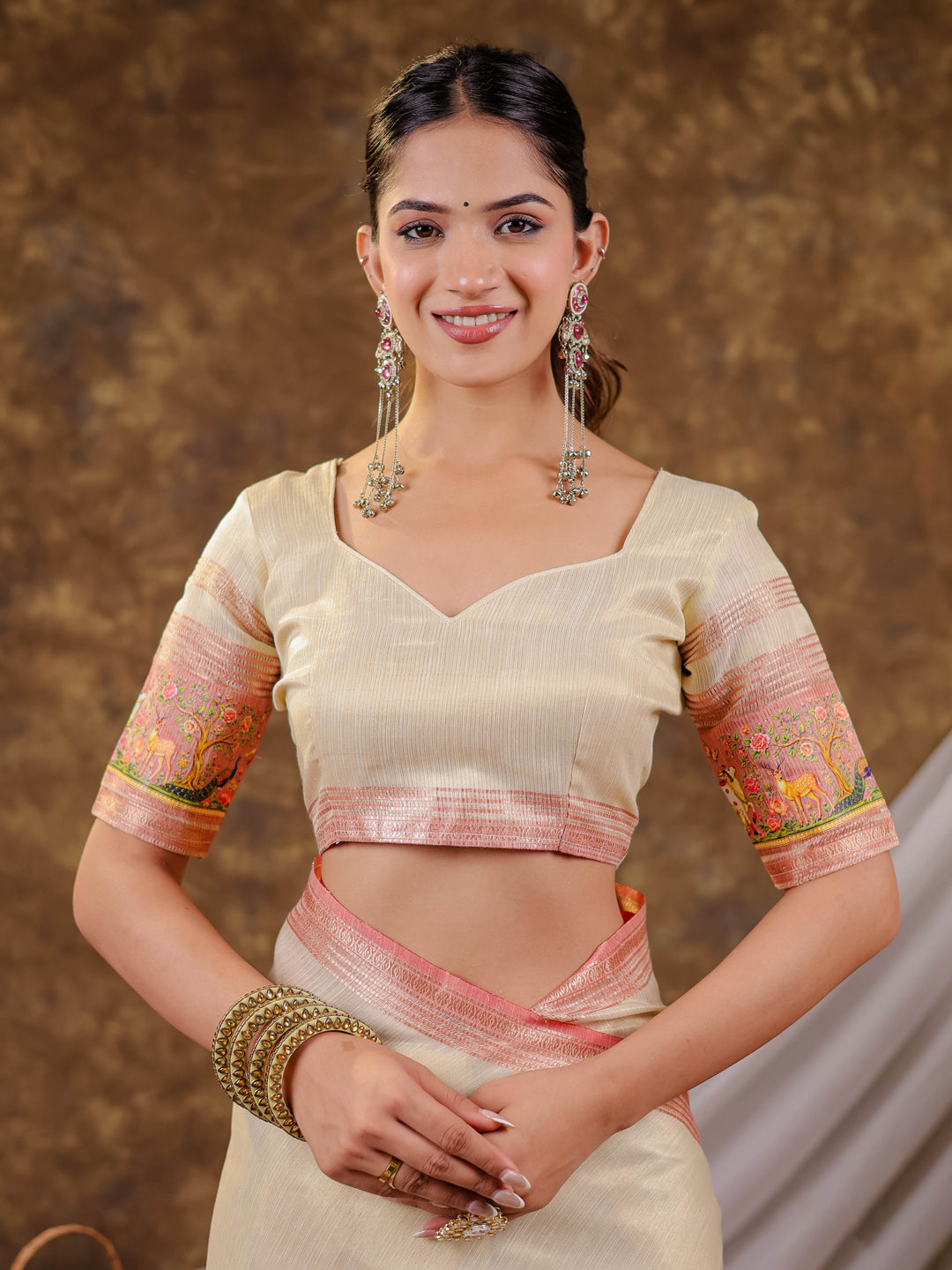 Ivory Cream Khadi Cotton Saree with Peach Pink Traditional Printed Border & Pallu, Zari Weaving, Tassels on Edges with Blouse Piece